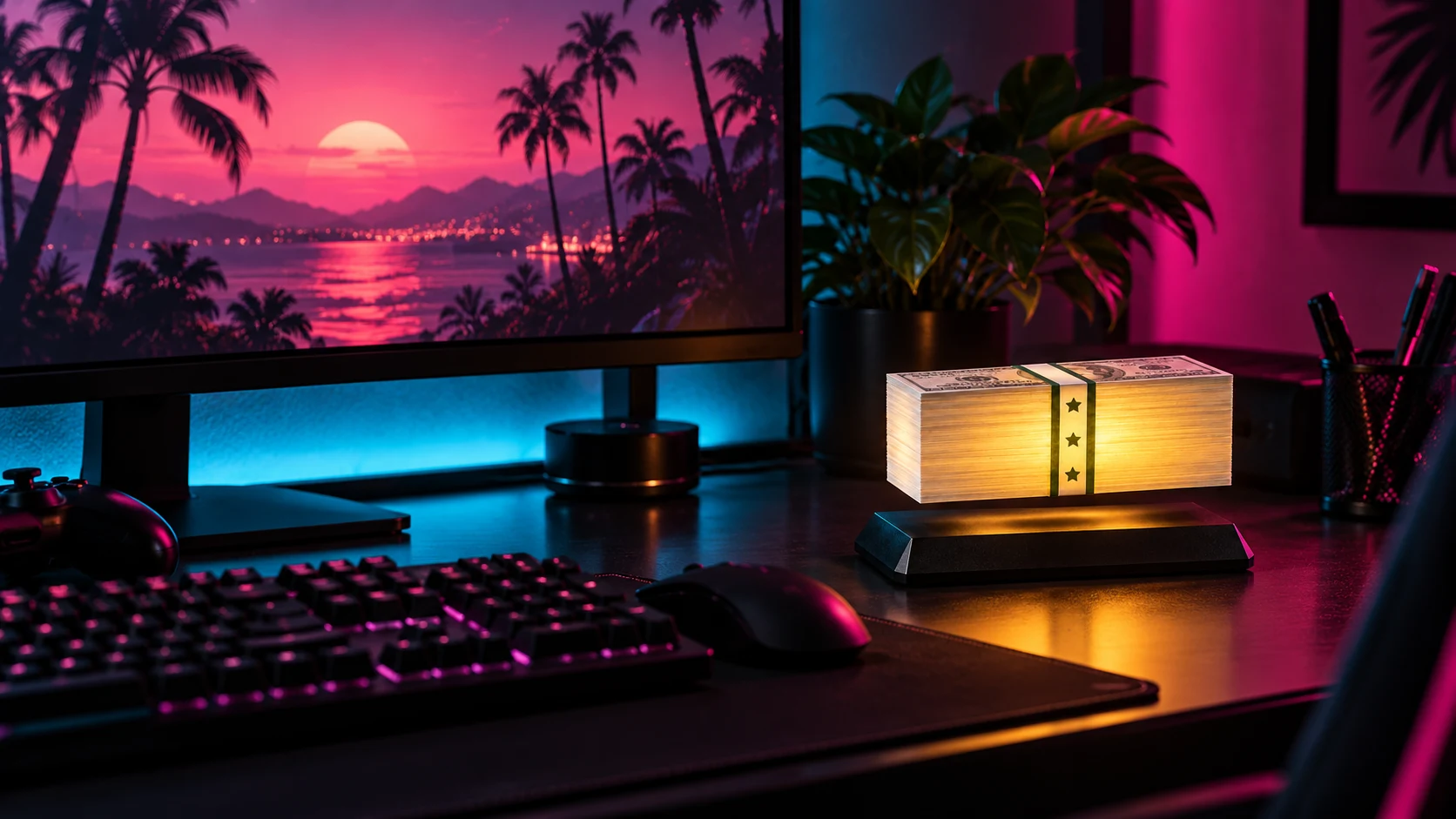 Visualisierung der schwebenden Cash-Lampe auf einem Gaming-Desk mit Monitor, Keyboard und pink-blauem Licht